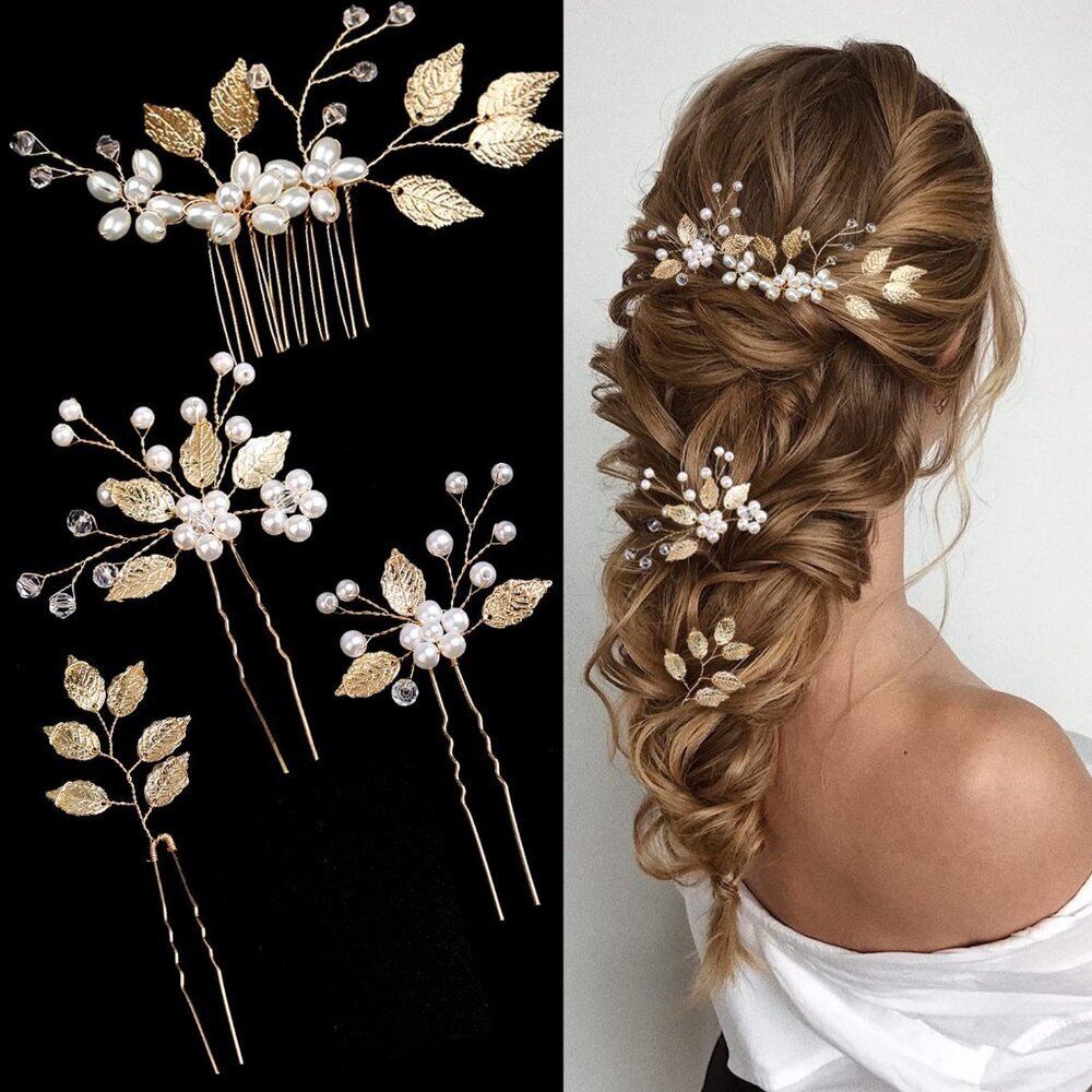 4 Pieces Bridal Wedding Hair Pins Gold Leaf Crystal Pearl Hair Pins Clips Flower